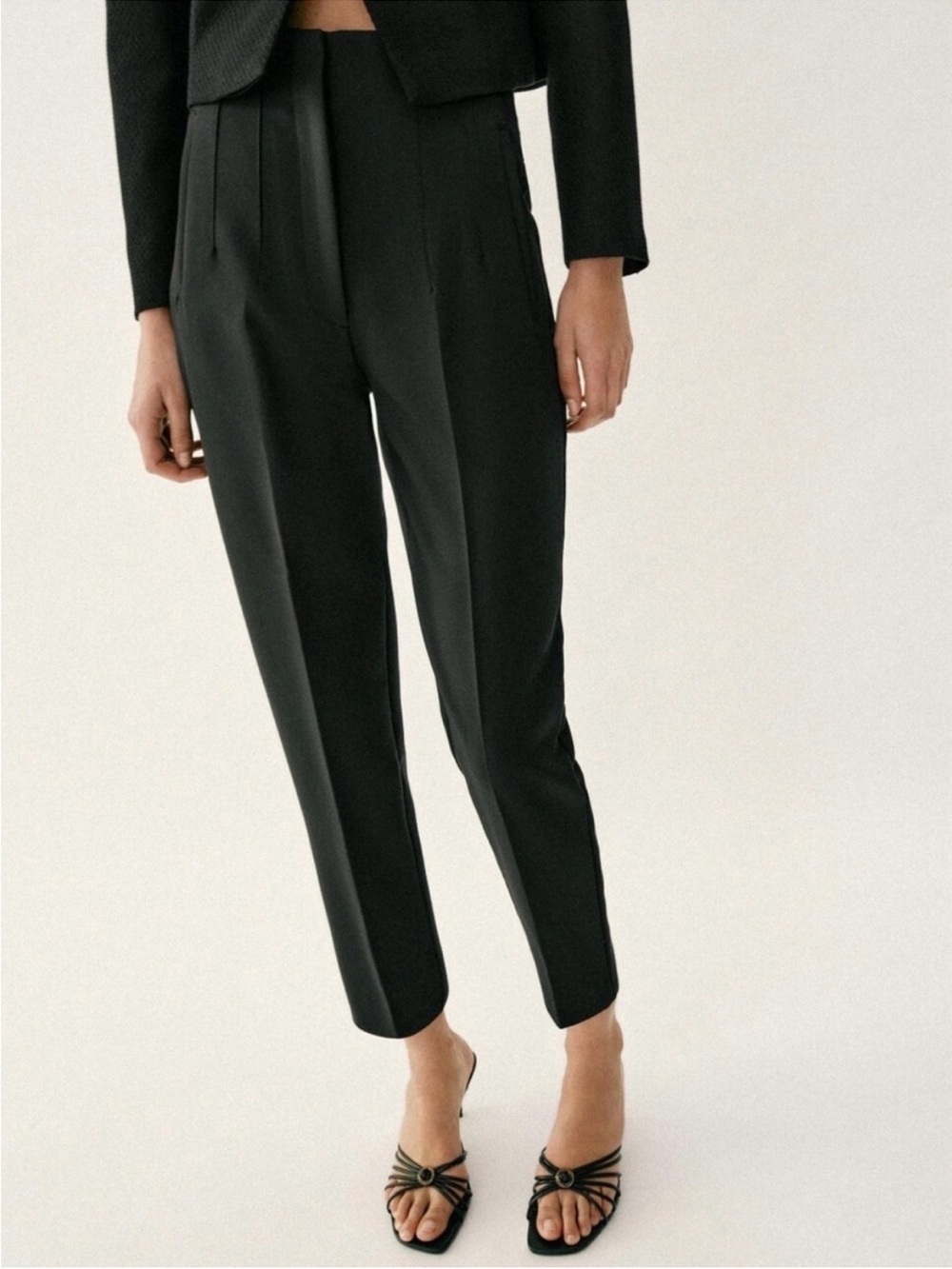 Zara High Rise Black Stretch Tapered Ankle Trouser Pants Sz S Capsule Career
